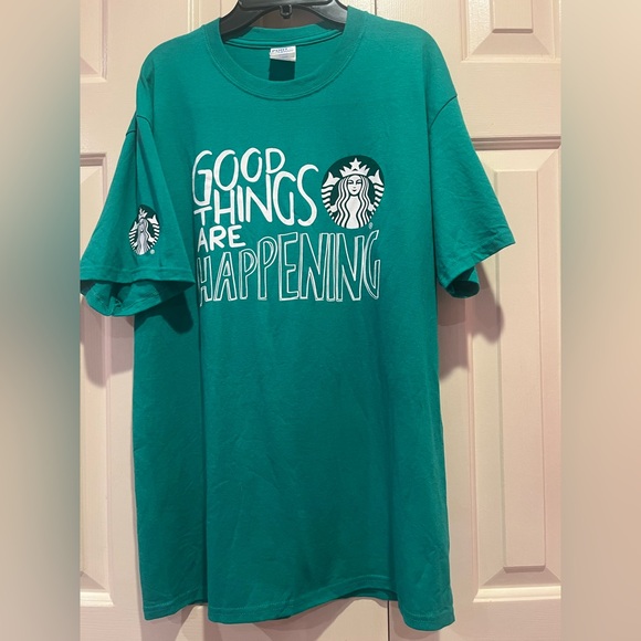 Starbucks Mermaid Logo Good Things are Happening Green T-Shirt Size M - Picture 1 of 4